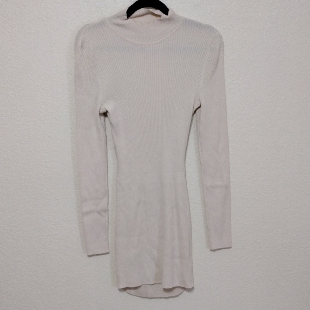 Cream Ribbed Long Sleeve Sweater Dress